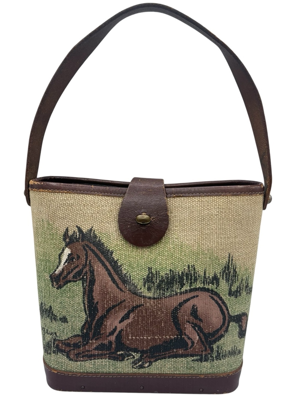 Enid Collins RARE VTG 1960s Horse Painted Canvas Purse Leather Strap Wooden Base